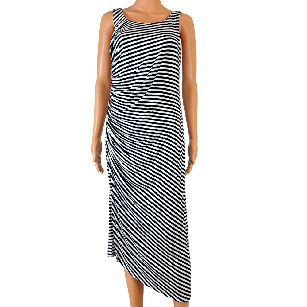 Vince Camuto Black White Striped Ruched Asymmetrical Midi Dress Womens Medium